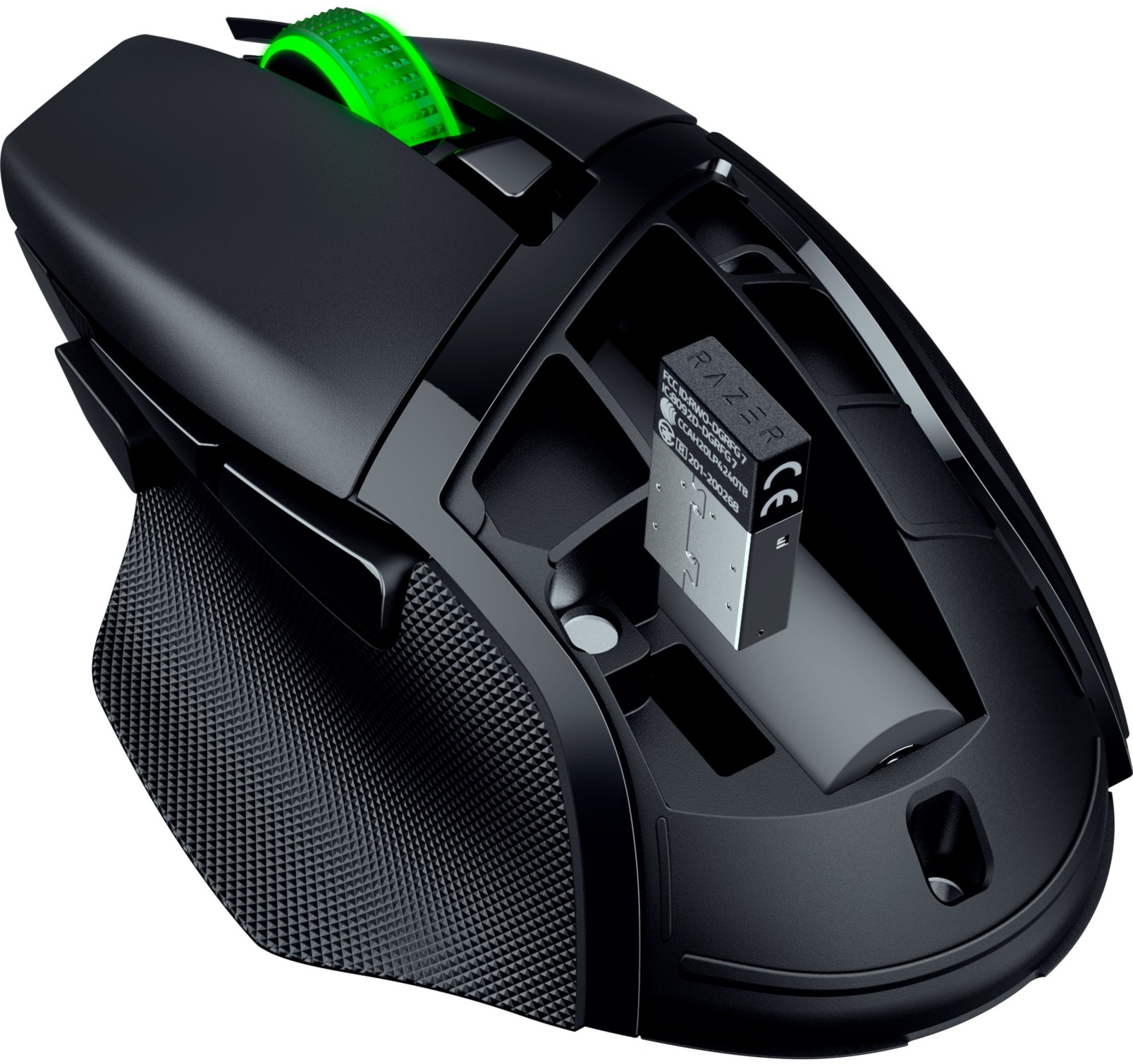 Schwarze Razer Gaming-Maus. Sie hat ein grünes Scrollrad. Der Ladeanschluss ist sichtbar.