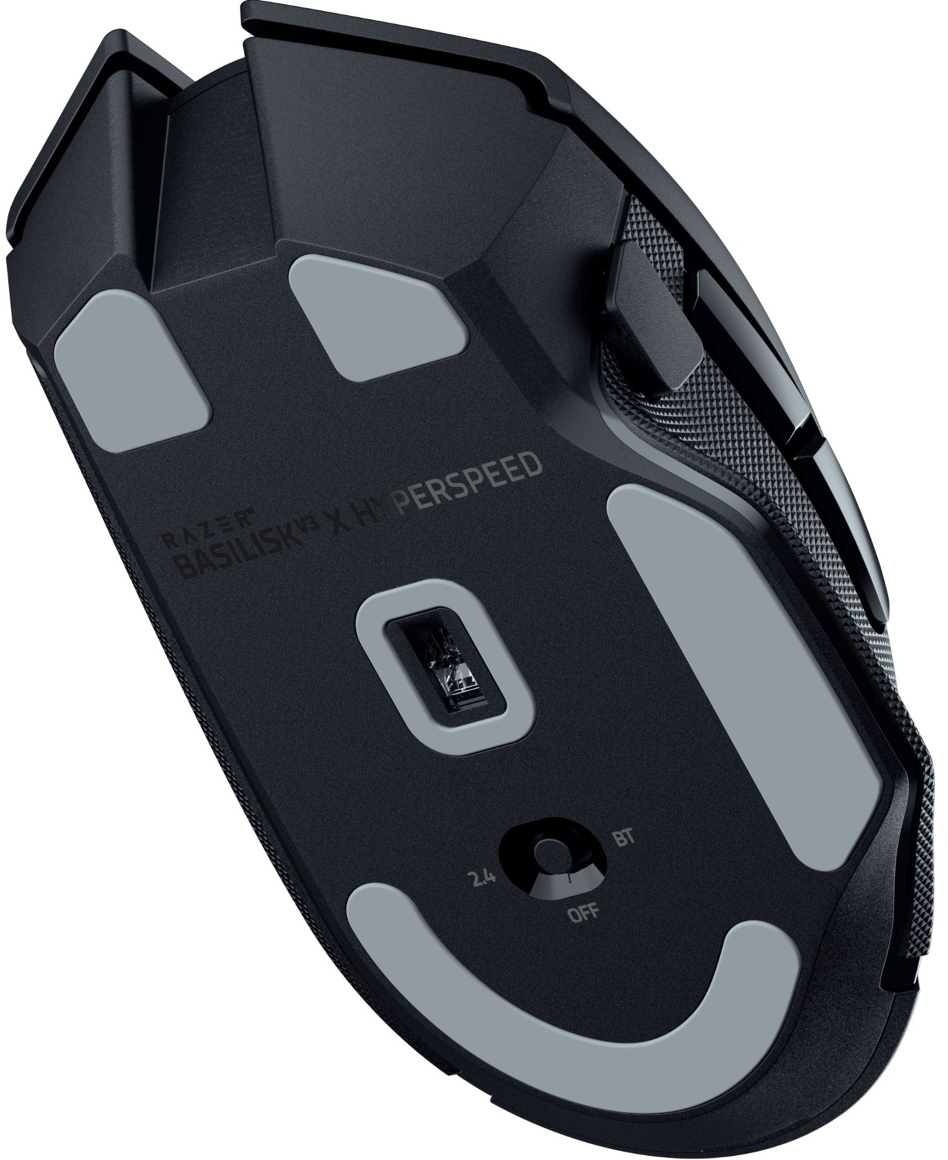 Unterseite einer schwarzen Razer Basilisk X HyperSpeed Maus. Merkmale: graue Pads, Tasten und der Markenname.