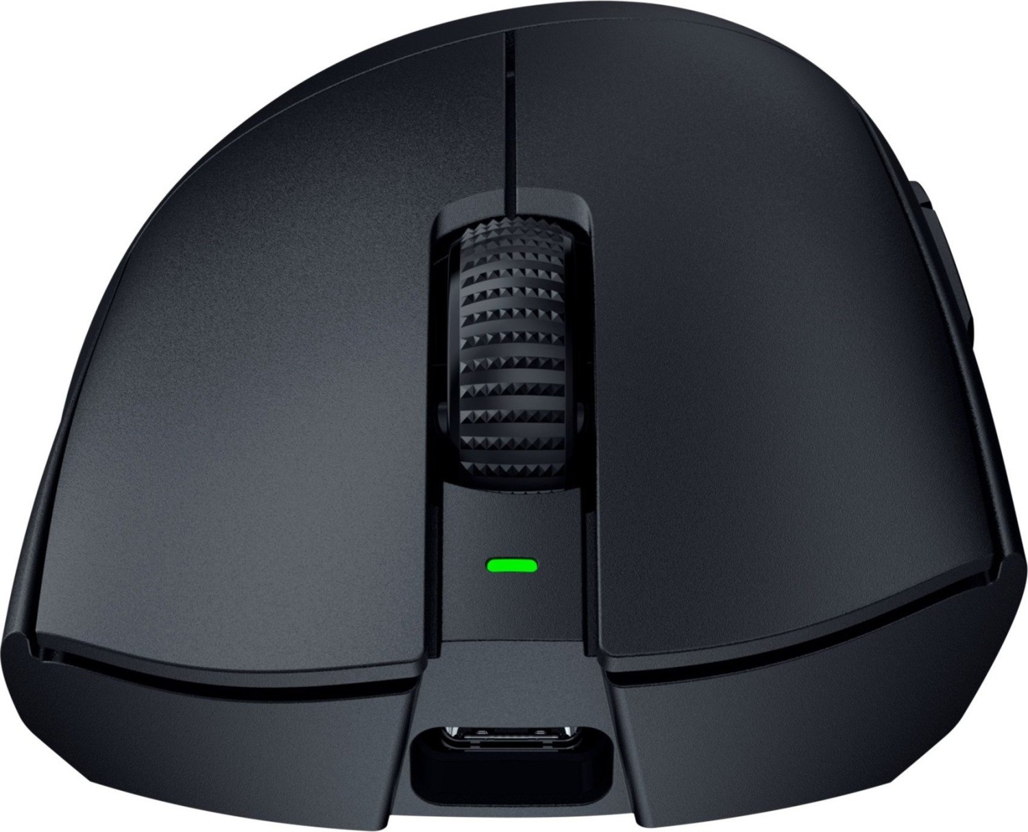 Eine schwarze Gaming-Maus mit einem Scrollrad und grünem Licht. Ein USB-Anschluss befindet sich vorne.