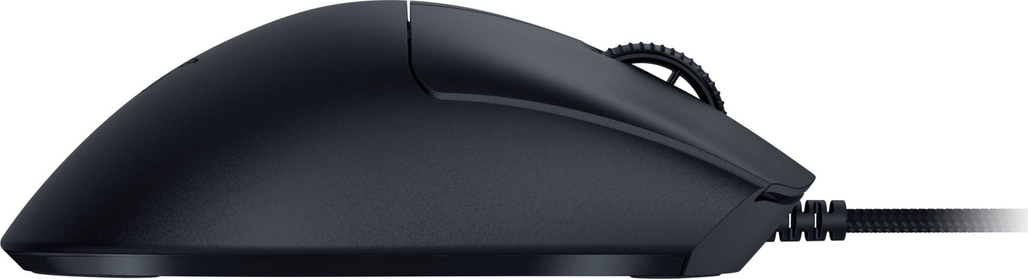 Schwarze Computermaus mit Scrollrad und geflochtenem Kabel.
