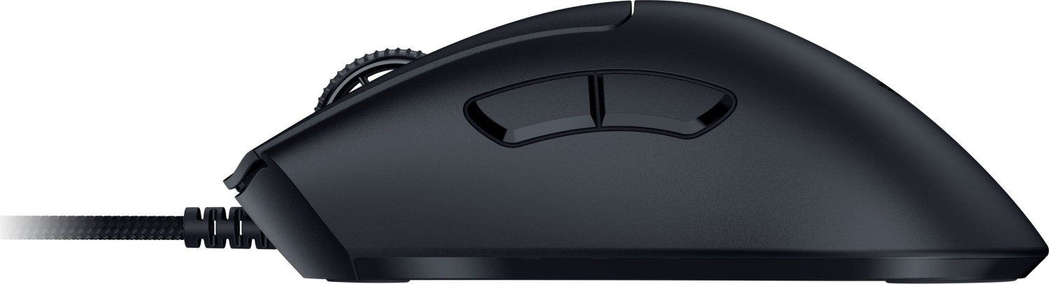 Eine schwarze Razer Gaming-Maus. Es hat ein Scrollrad und zwei Seitentasten.