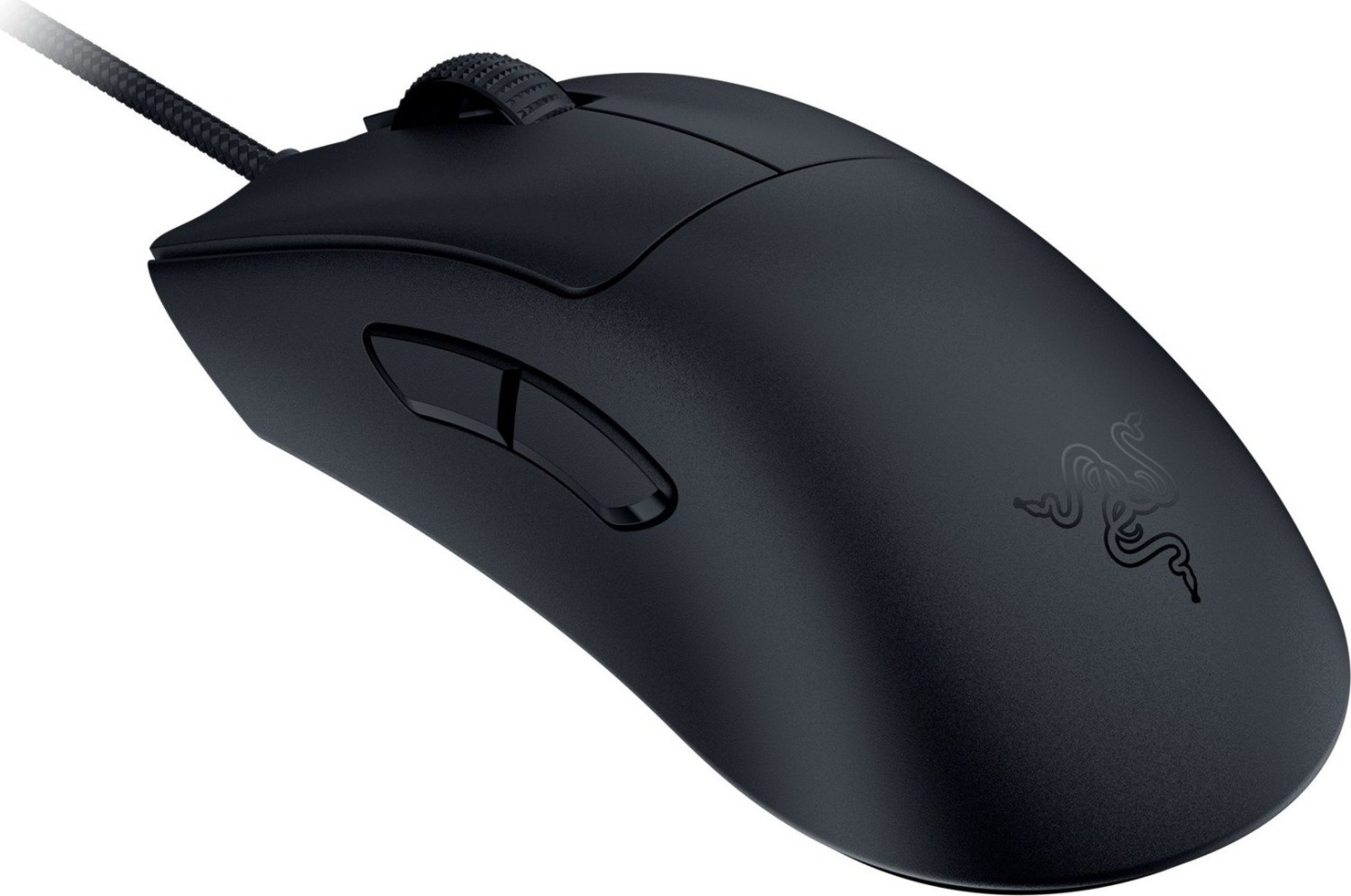 Eine schwarze Razer Gaming-Maus. Sie hat zwei Seitentasten, ein Scrollrad und das Razer-Logo auf dem Gehäuse.