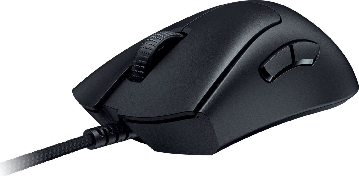 Eine schwarze Computermaus mit einem Scrollrad und Seitentasten auf einer schlichten Oberfläche.