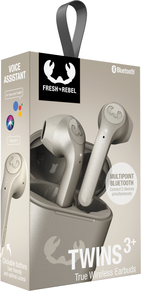 Écouteurs dans une boîte. Texte sur la boîte : FRESH 'N REBEL, Voice Assistant, Twins 3+, True Wireless Earbuds, Bluetooth.