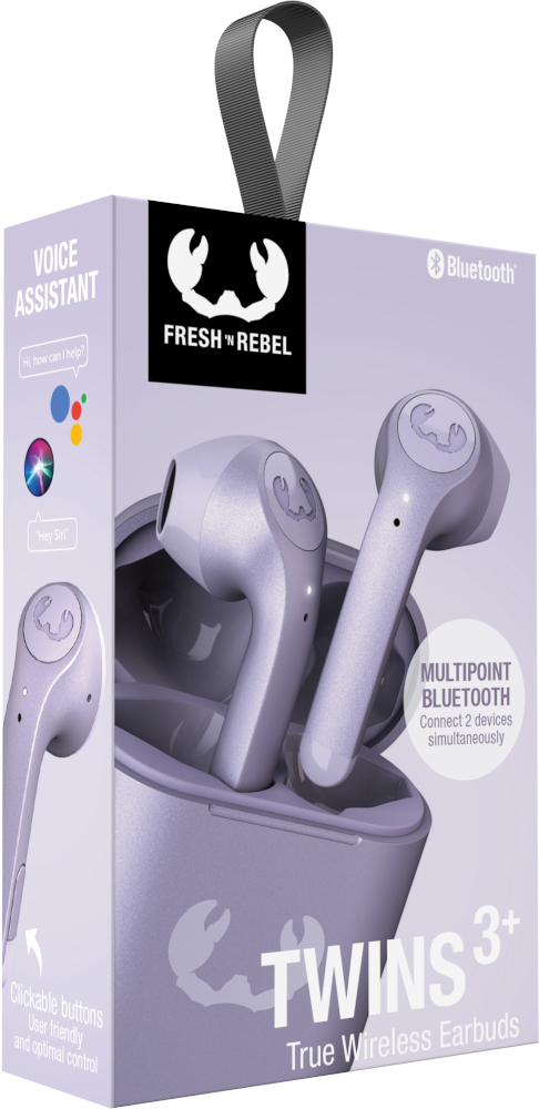 Een doos met Fresh 'n Rebel Twins 3+ oordopjes wordt getoond. De doos is paars met een paar paarse oordopjes.