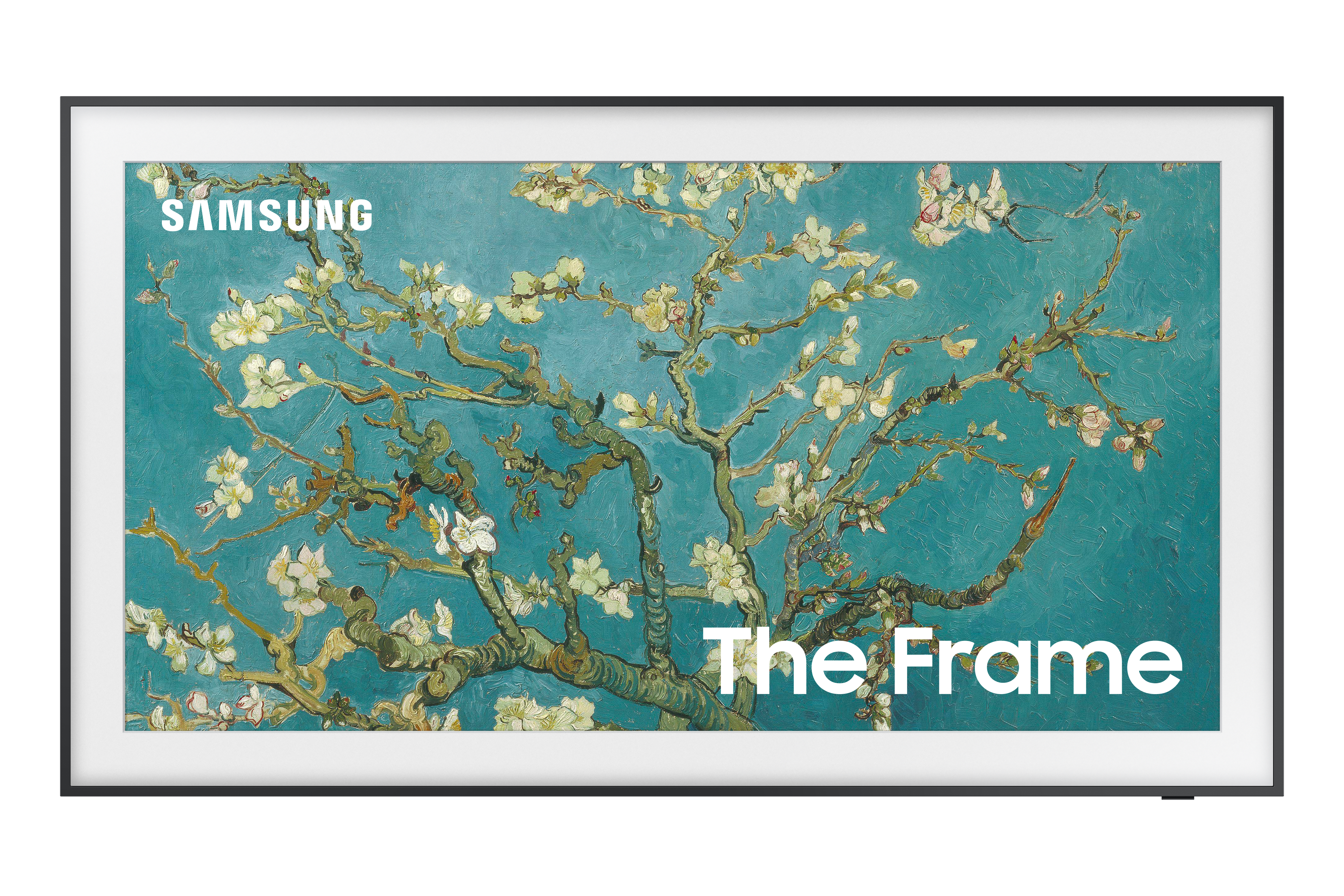 Ein schwarz gerahmter Fernseher mit Van Goghs Mandelblütenkunst. Samsung-Logo oben links. Text „The Frame“ unten.