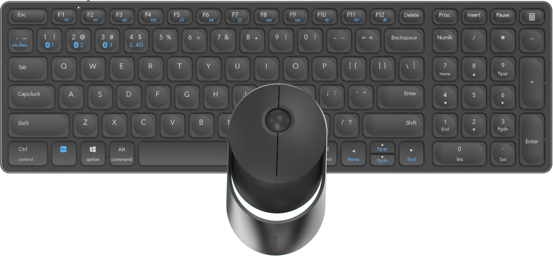 Schwarze Tastatur und Maus. Die Tastatur hat viele Tasten und die Maus ist kreisförmig.