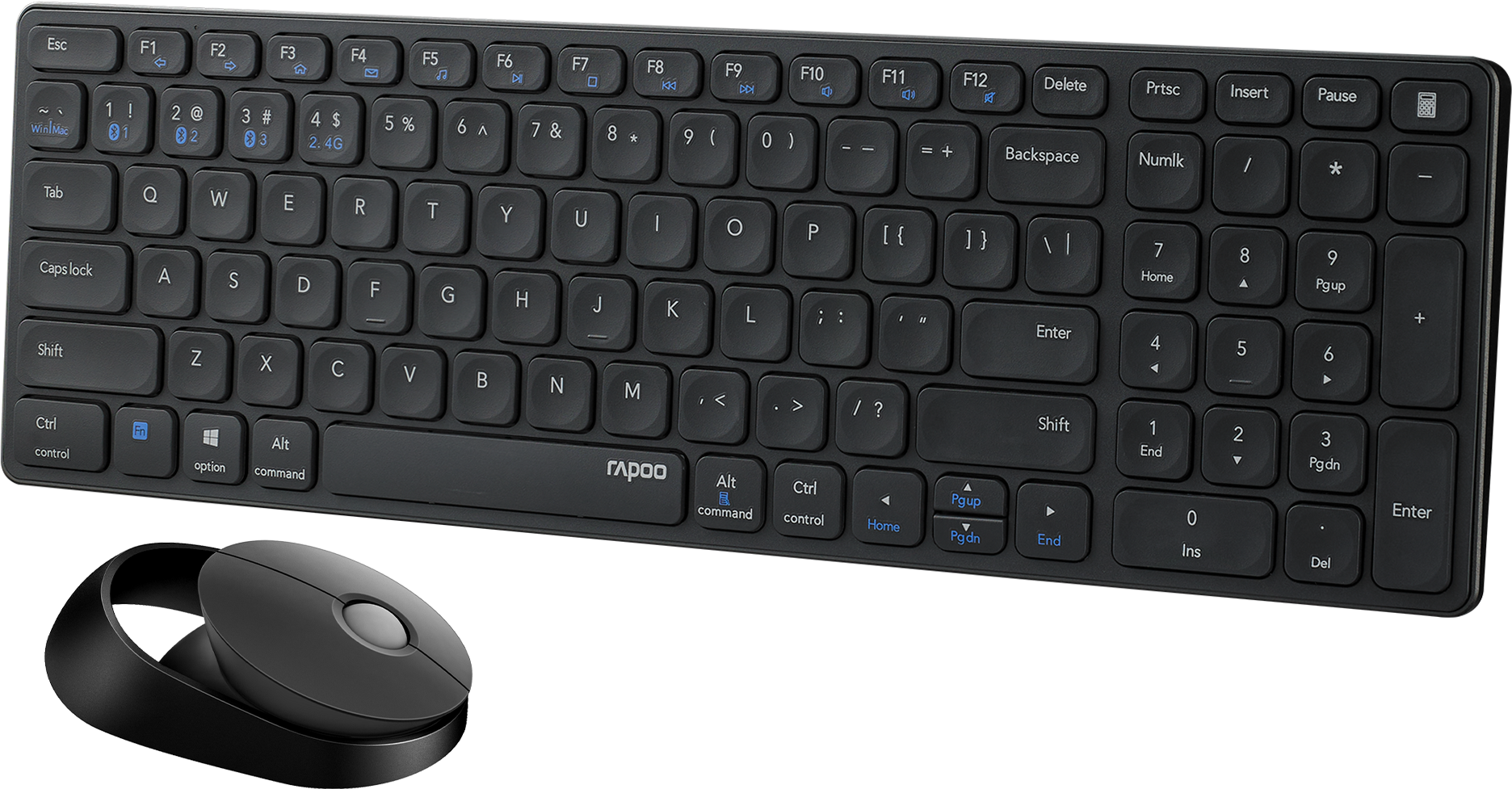 Schwarze Tastatur mit weißen Tasten und blauen Funktionstasten, und eine schwarze Maus.