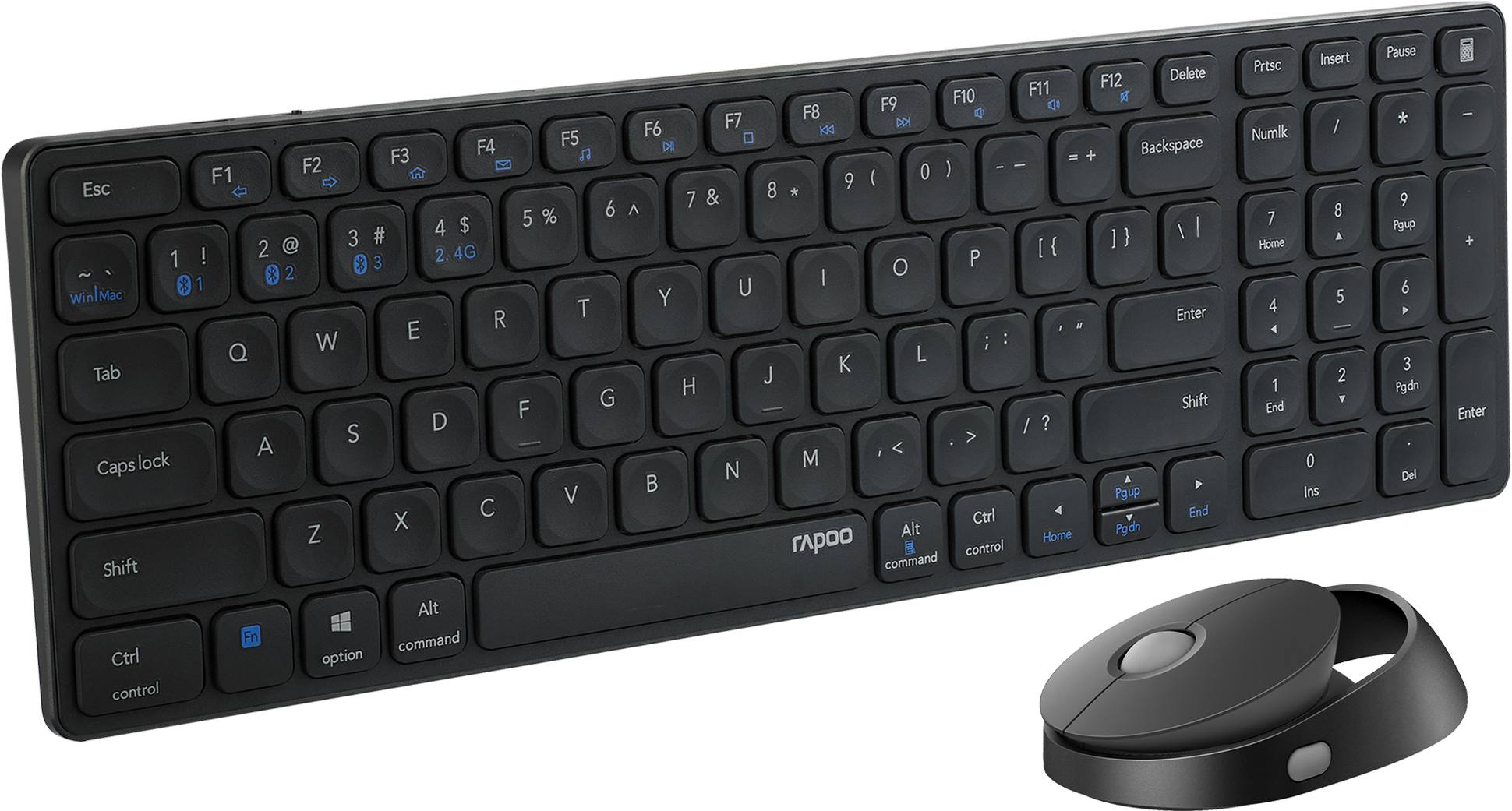 Schwarzes kabelloses Tastatur-Maus-Combo auf einer Oberfläche. Die Tastatur hat blaue Funktionstasten.