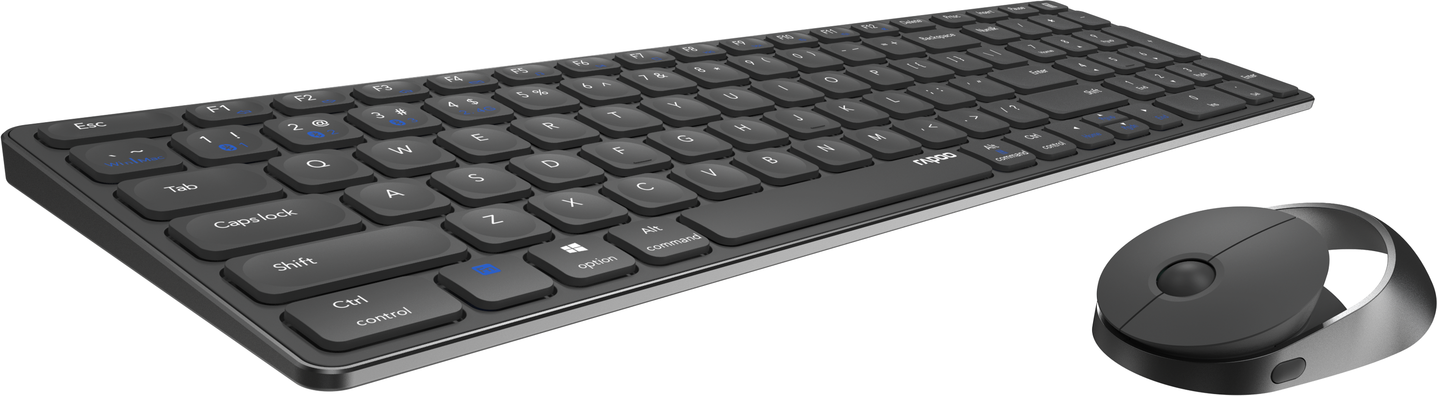 Eine schwarze kabellose Tastatur und eine passende Maus, isoliert auf Weiß.