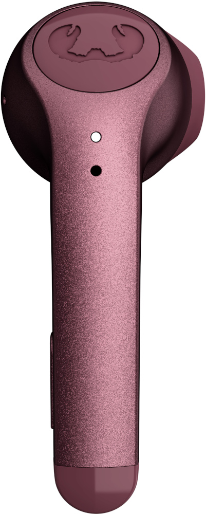 Gros plan d'un écouteur violet, avec un logo et une petite lumière.