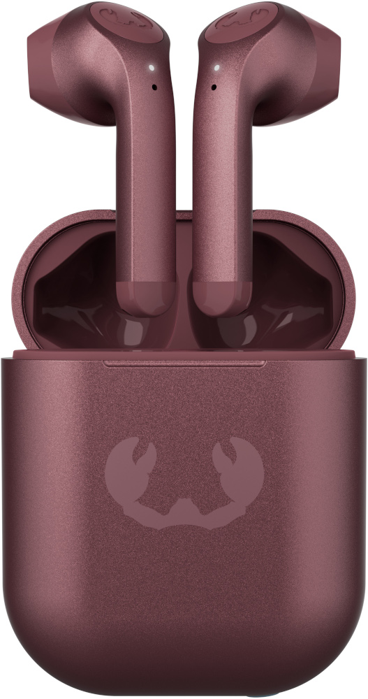 Écouteurs sans fil dans un étui de chargement, couleur bordeaux.