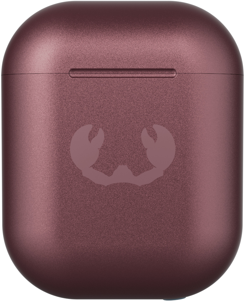 Un étui AirPods de couleur rose avec un logo de crabe au centre.