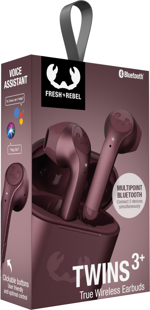 Écouteurs dans une boîte avec assistant vocal et fonctions Bluetooth, en bordeaux.