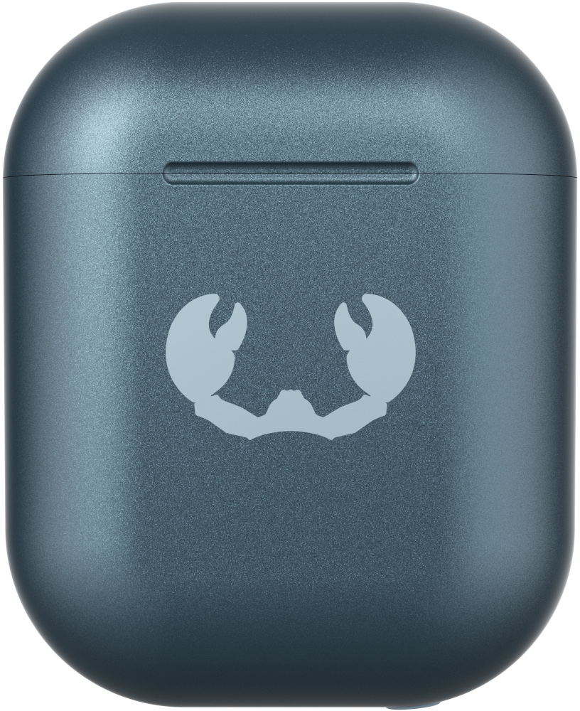 Un étui de chargement sarcelle pour écouteurs. Il porte un logo de crabe bleu clair sur le devant.