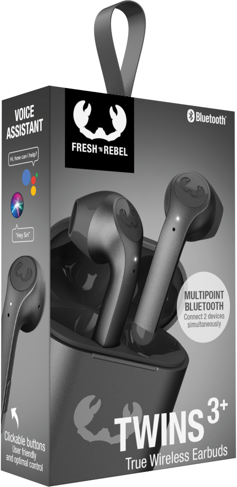 Zwarte draadloze oordopjesdoos met koptelefoons, spraakassistent en Bluetooth-labels.