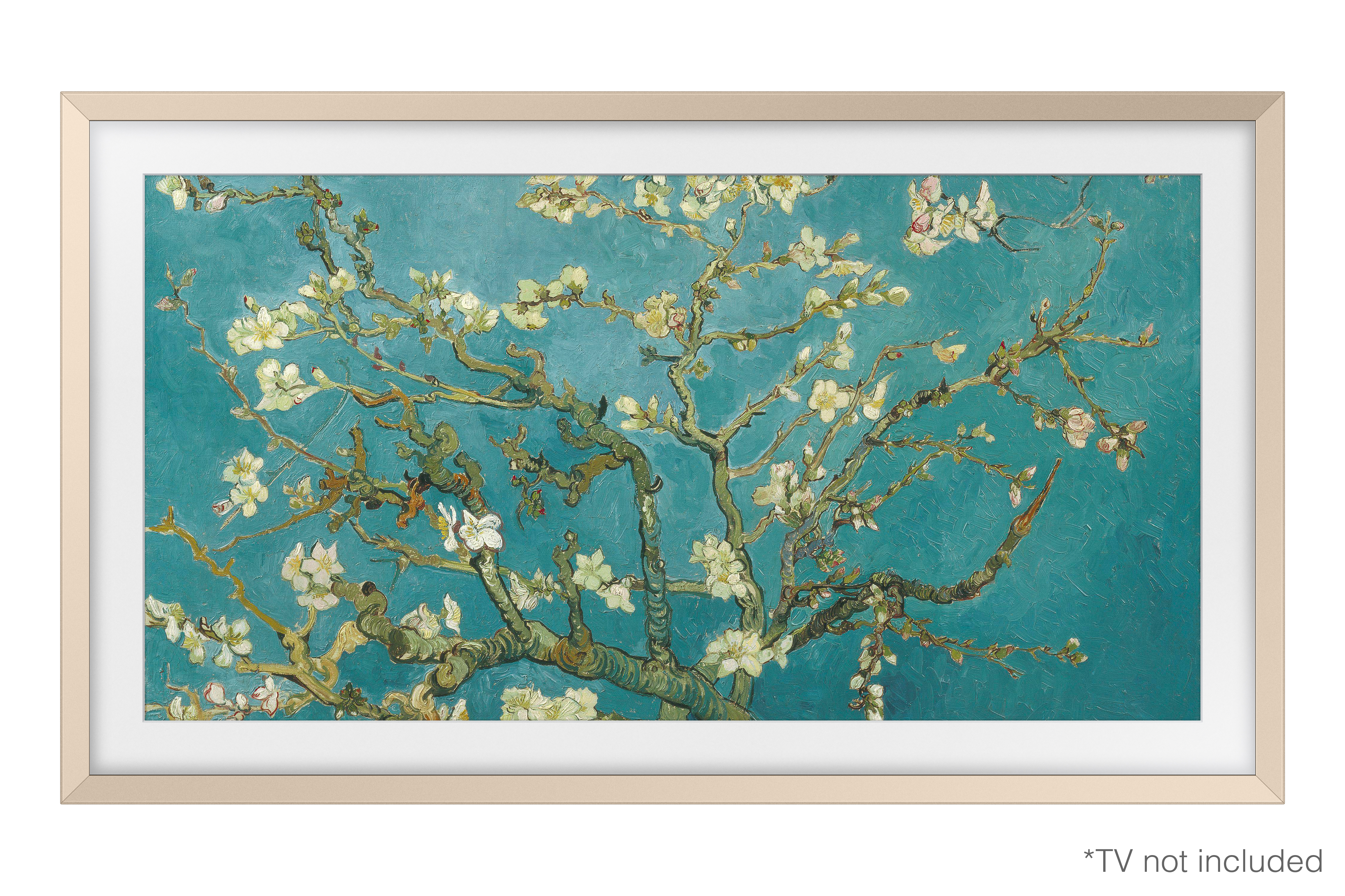 Gerahmtes Kunstwerk von Van Goghs 'Mandelblüten'. Der Rahmen ist hell, der Hintergrund weiß.