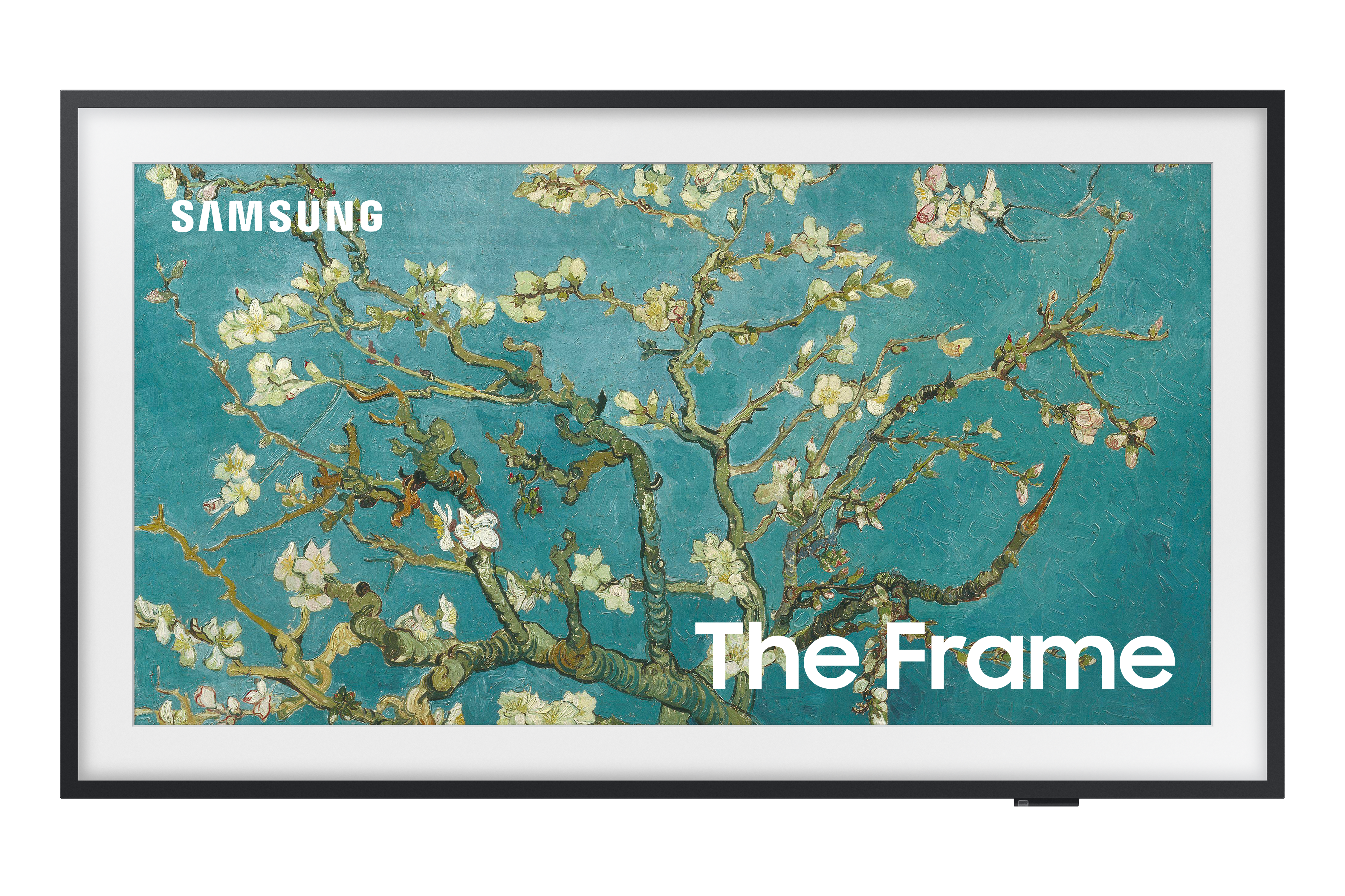 Samsung TV mit The Frame Text, Kunst auf dem Bildschirm, schwarzer Rahmen.
