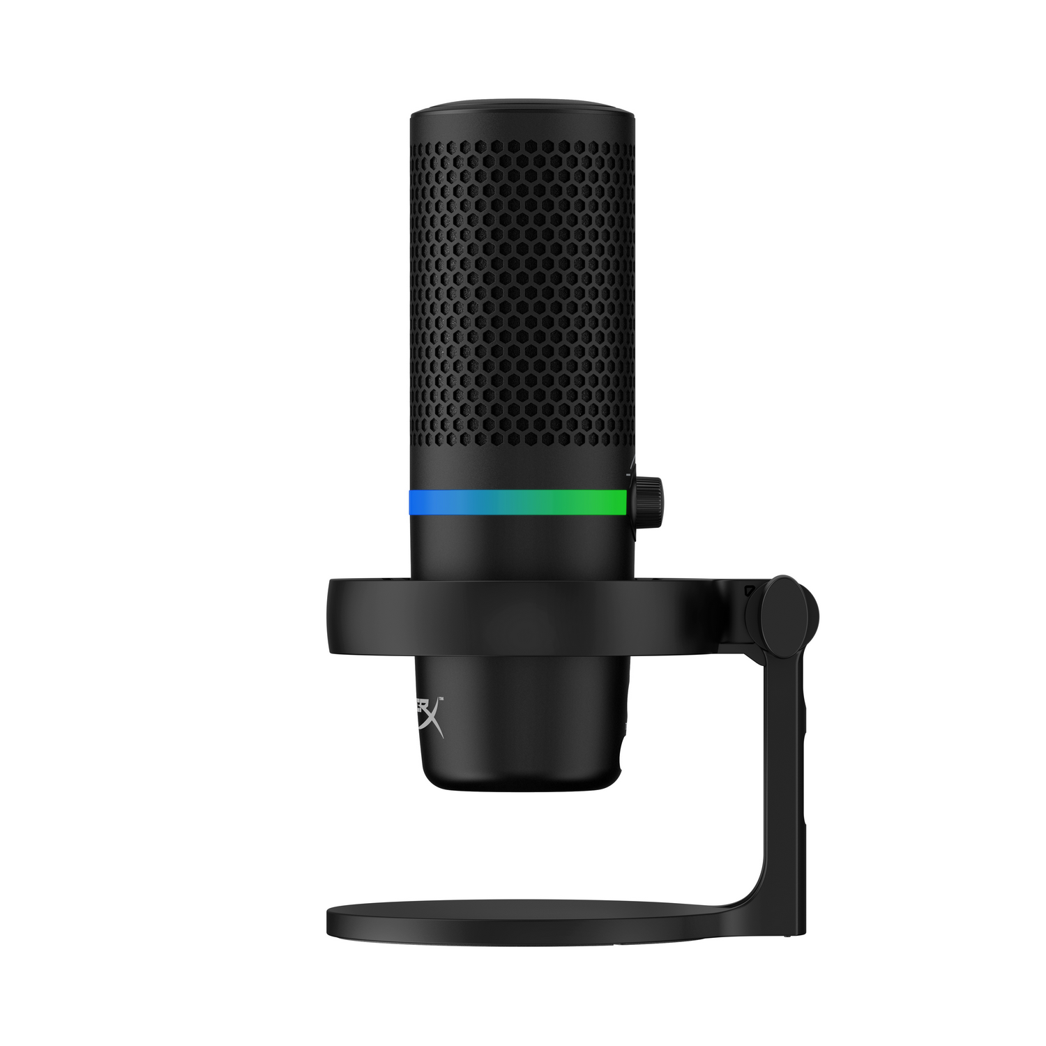 Black microphone on a stand, with colorful lights. The microphone has a cylindrical body and a volume control knob.