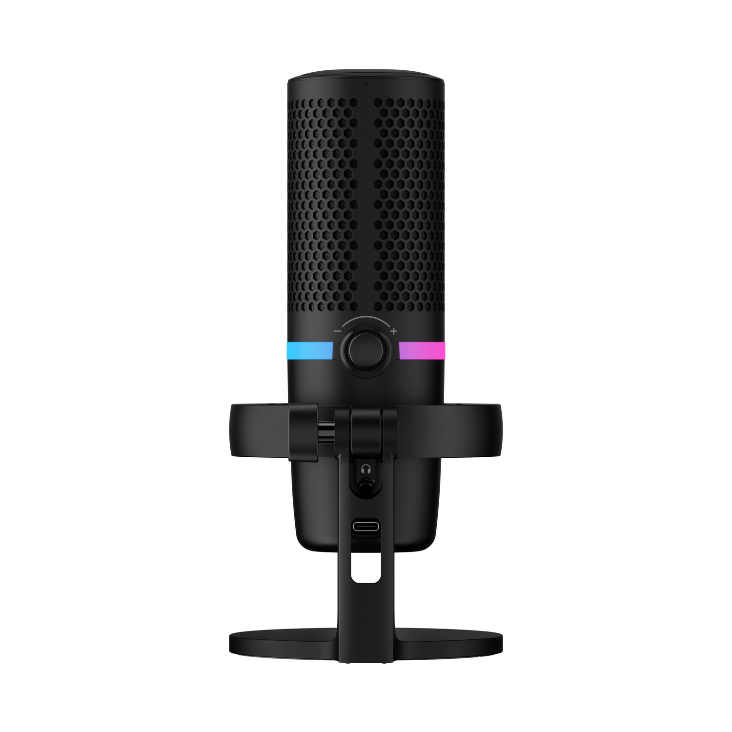 Black microphone with volume control and a USB port. Black stand.