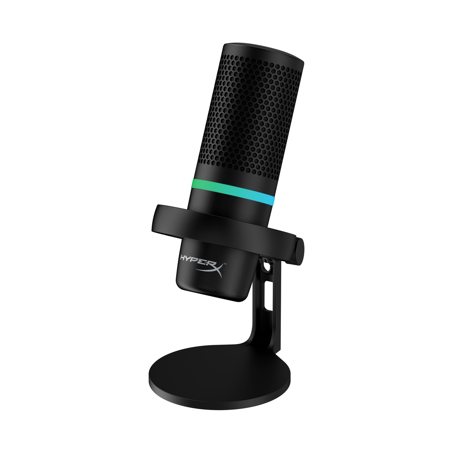 A black microphone on a stand with a colorful light on the top and HyperX logo.