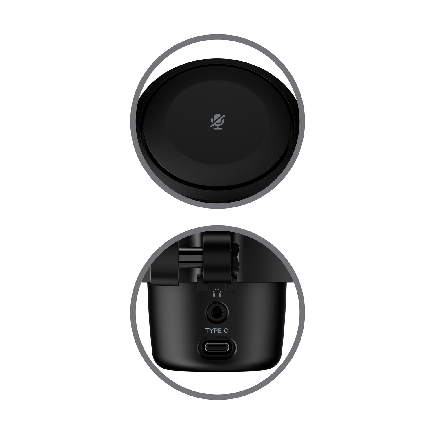 Close-up of a black microphone. Type C port and headphone jack visible.