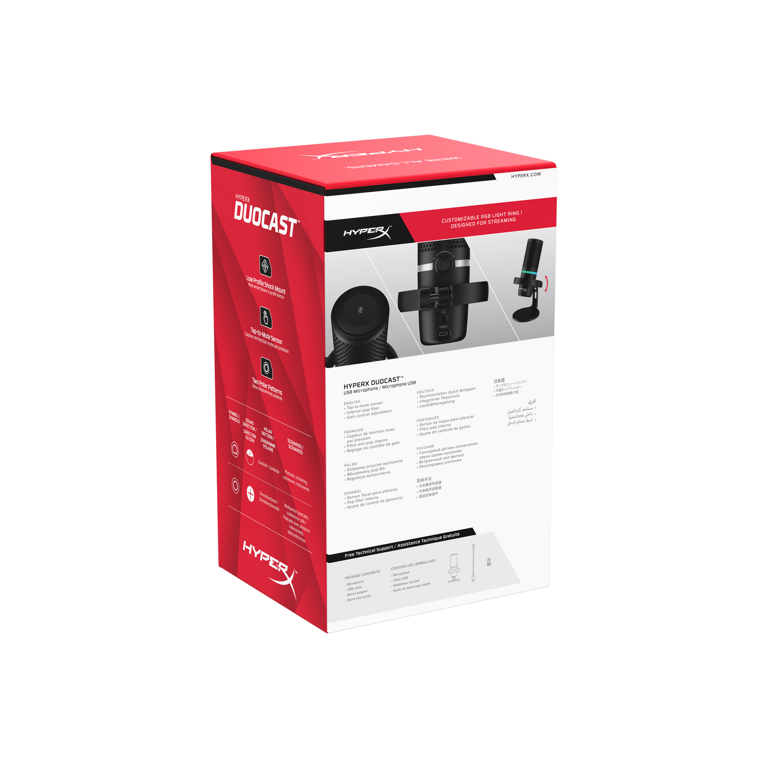 A white and red HyperX DuoCast microphone box, with images of the microphone and stand.