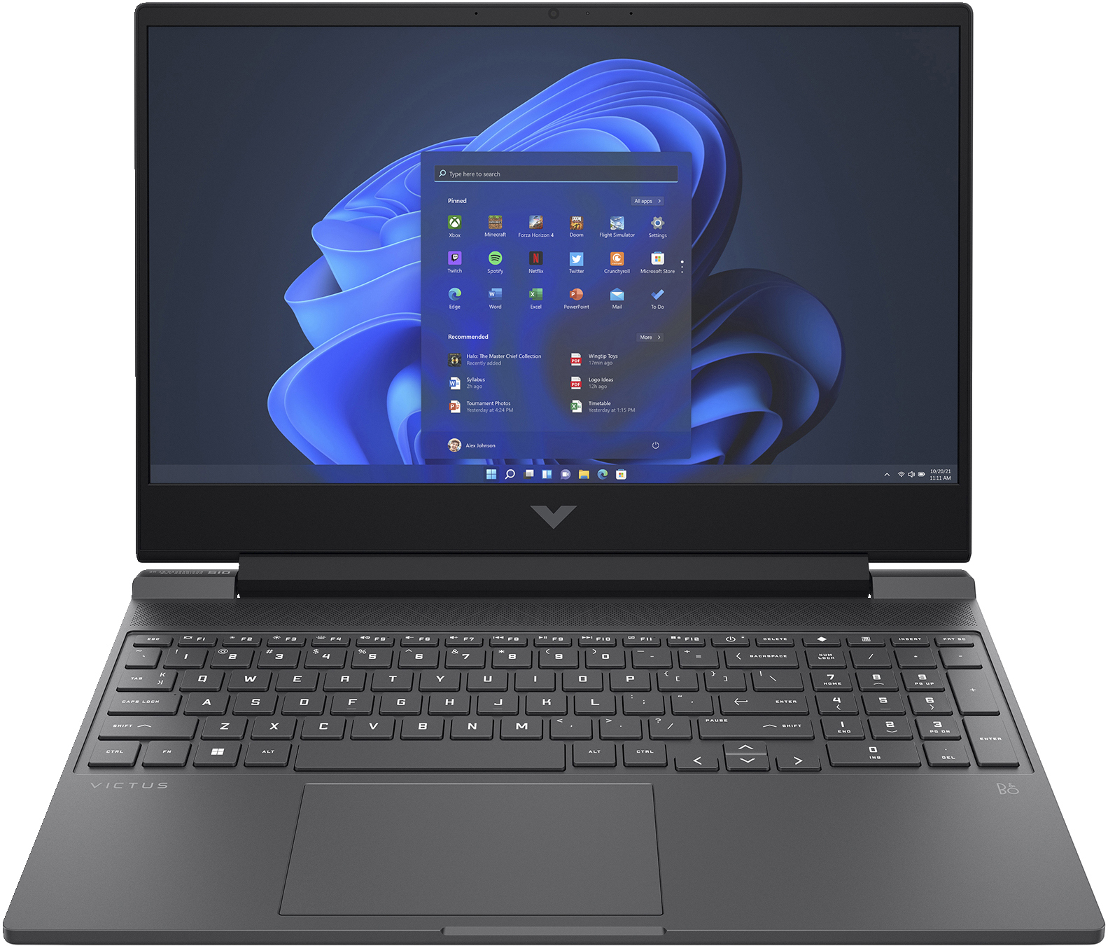 Ein Laptop mit einem Windows 11-Bildschirm, der App-Symbole und Hintergrund zeigt.