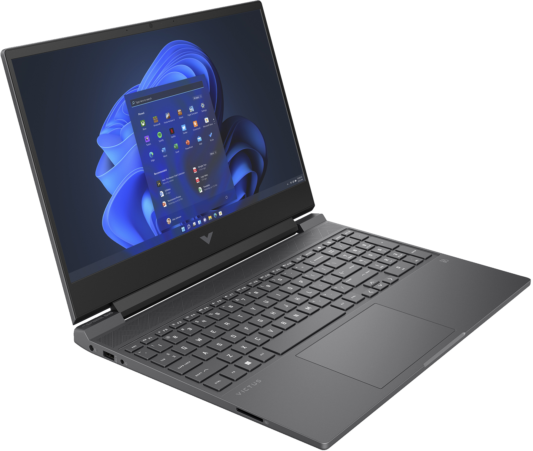 Laptop mit geöffnetem Bildschirm, der eine farbenfrohe Oberfläche anzeigt. Der Laptop ist dunkelgrau.