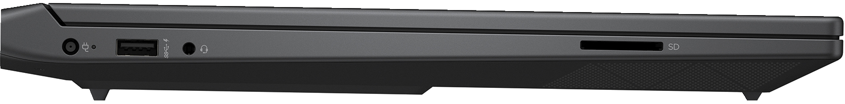 Seitenansicht eines dunkelgrauen Laptops. Zeigt Anschlüsse für Strom, USB und Kopfhörer sowie einen SD-Kartensteckplatz.