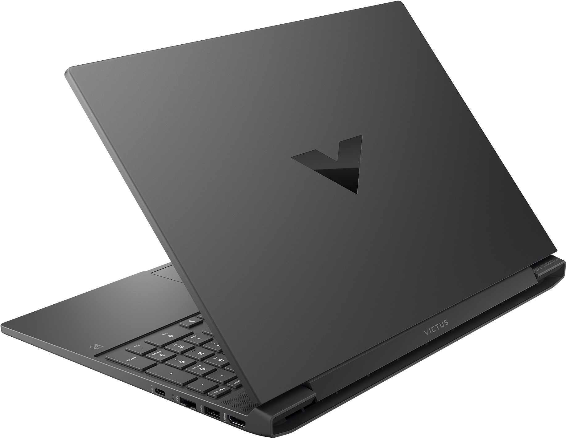 Laptop-Computer, dunkelgrau. Der Bildschirm ist geöffnet und zeigt die Rückseite des Laptops.