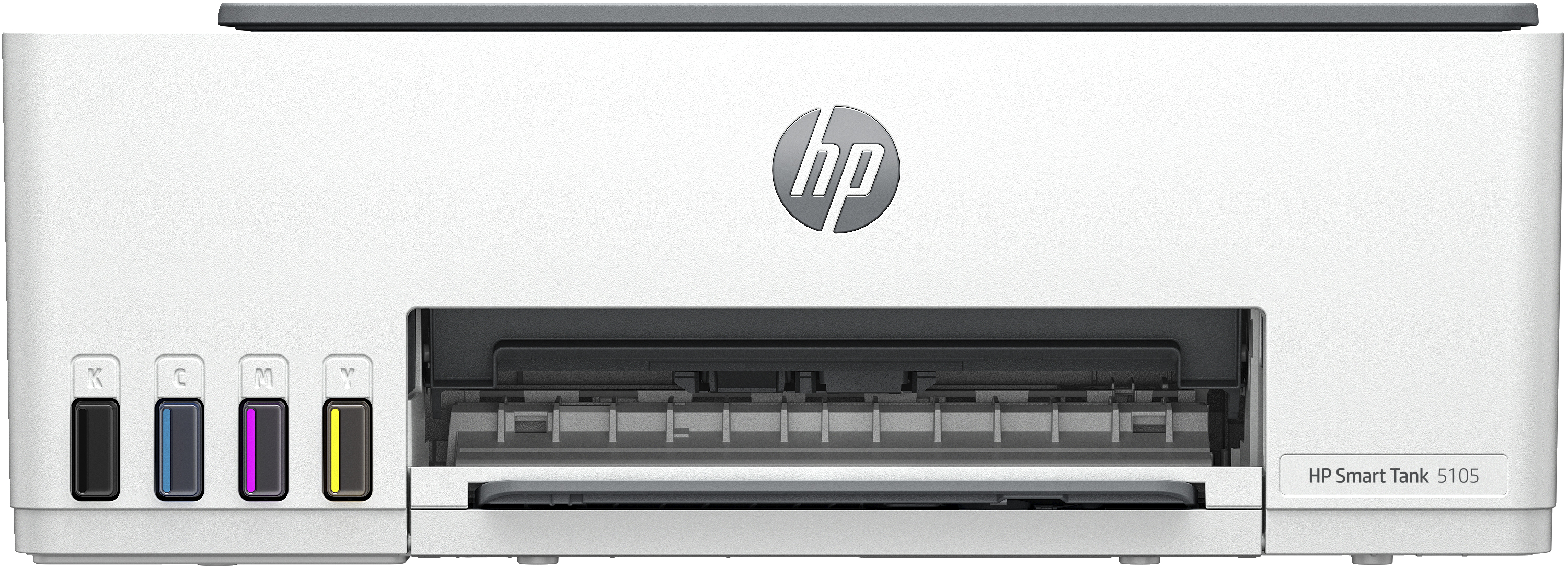 Weißer Drucker mit HP-Logo, Tintenpatronen und offenem Papierfach.
