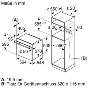 Diagramm eines Einbauofens mit Maßen. Hat ein separates Fach daneben.