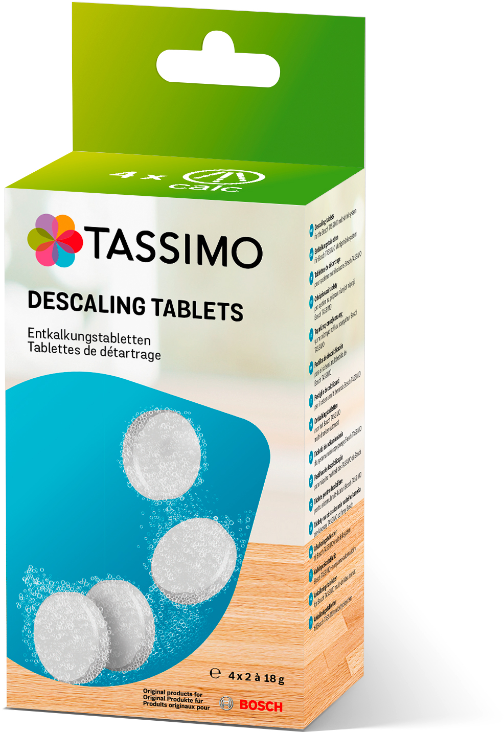 Schachtel mit Entkalkungstabletten. Enthält Tabletten, mit Tassimo- und Bosch-Logos.