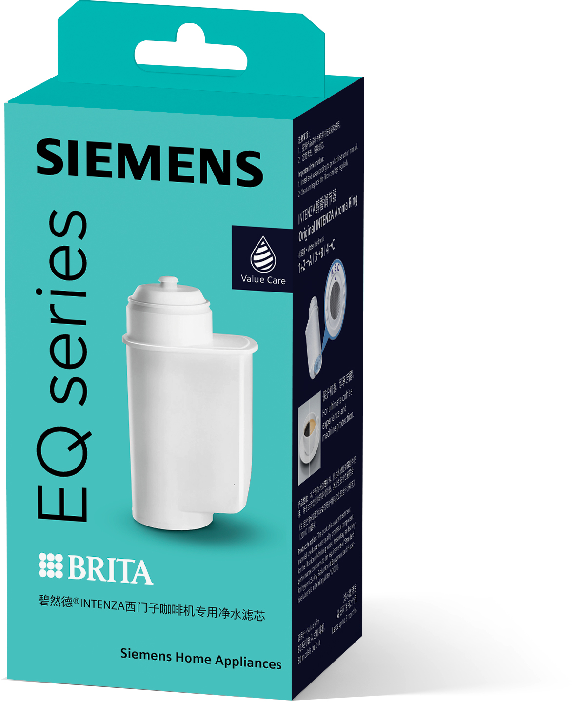 Eine Schachtel für einen Siemens Wasserfilter. Sie ist türkis, hat einen Filter und Text.