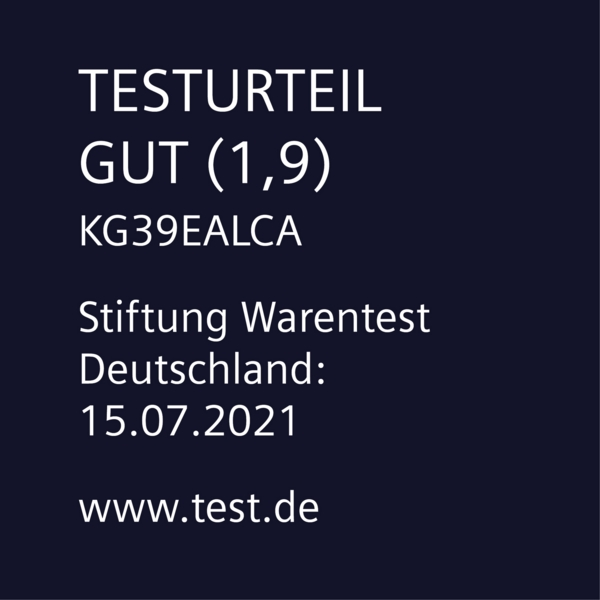 Text auf dunkelblauem Hintergrund: Testergebnis, Bewertung (1,9), Produktnummer und Details zur Testorganisation.