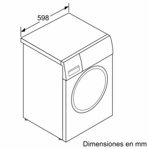 Un dibujo técnico de una lavadora blanca, incluidas las dimensiones de 598 mm.