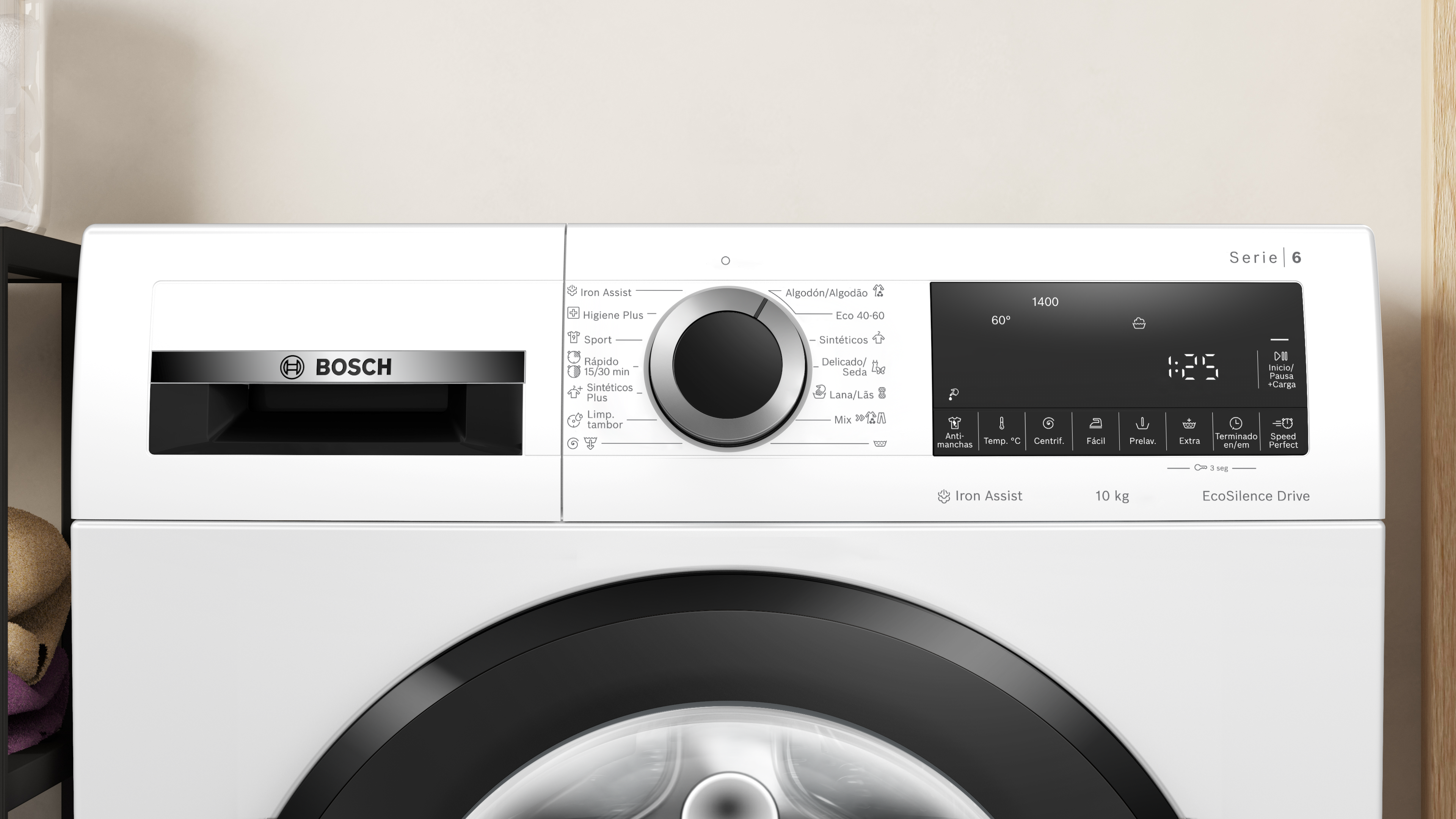 Un panel de control de lavadora blanco con varios botones y una pantalla digital.