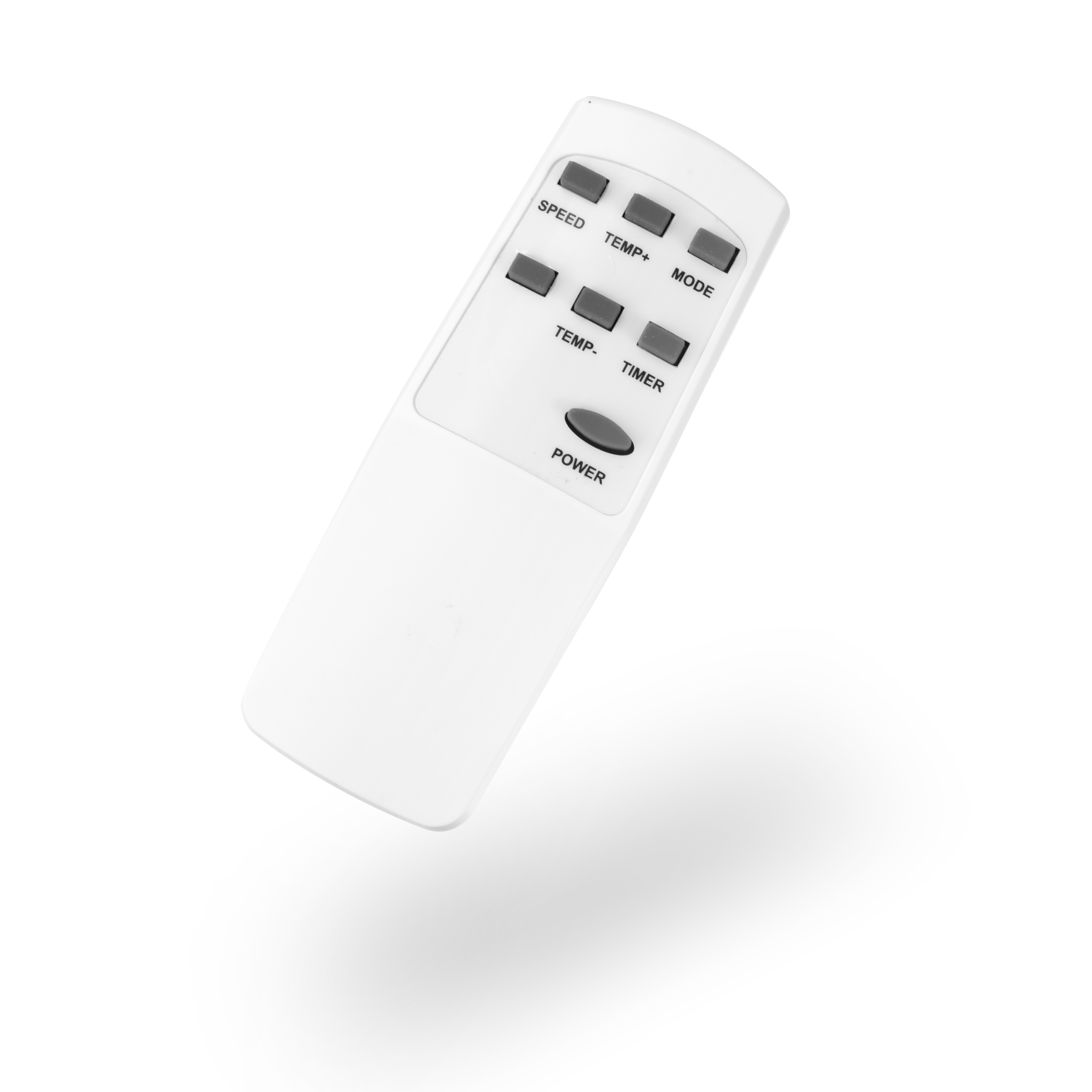 Telecomando bianco su una superficie bianca, con pulsanti per varie funzioni.
