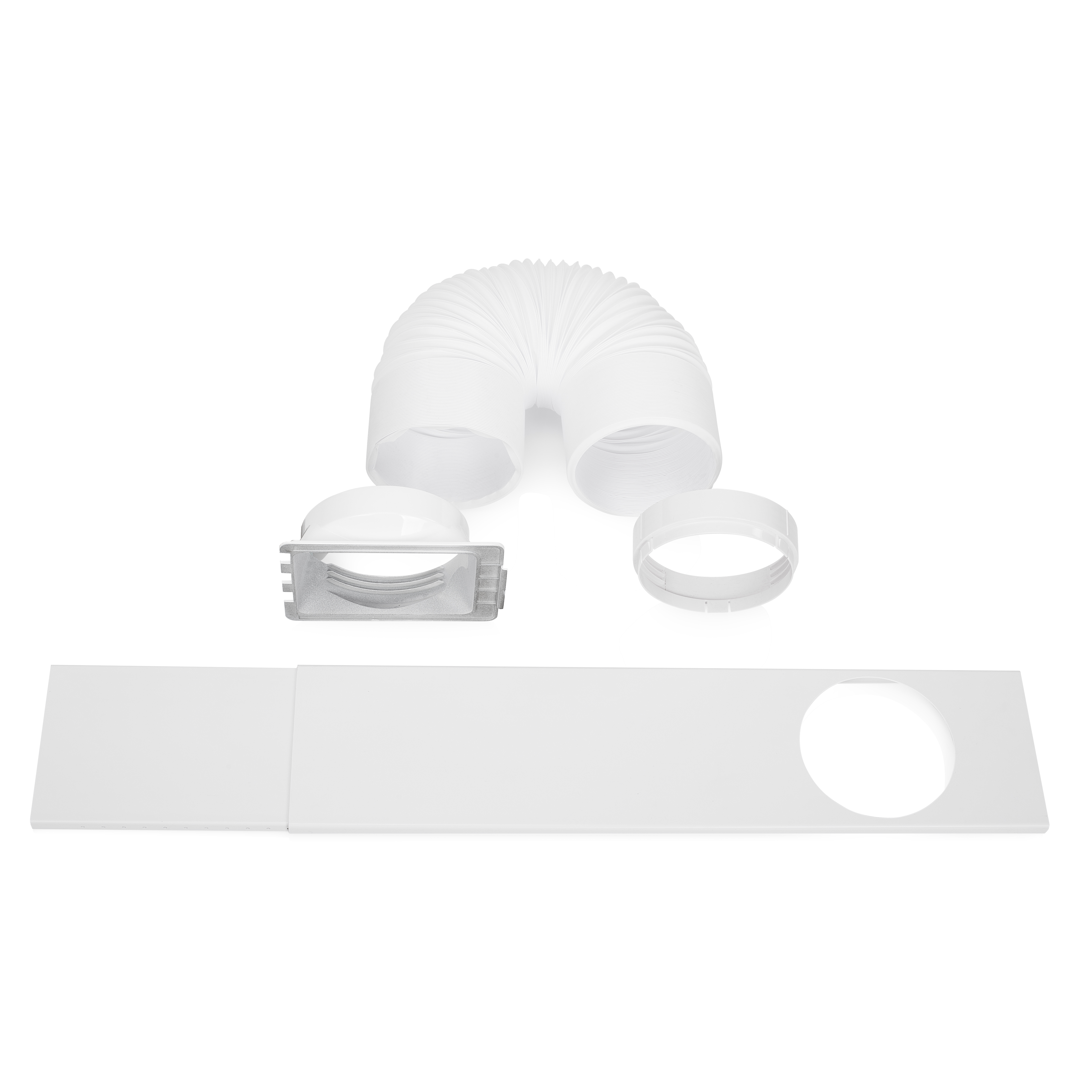 Accessori per condizionatore bianchi: tubo flessibile, connettori e cursore finestra.