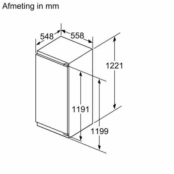 Isometrisch aanzicht van een witte koelkast met afmetingen in mm.