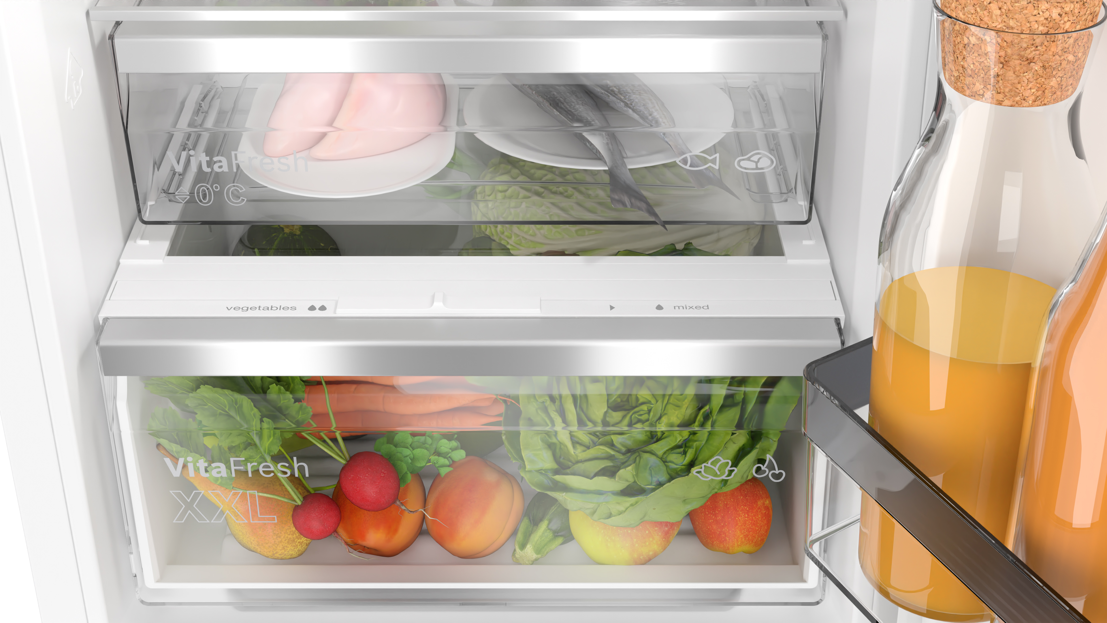 Refrigerator with two drawers. Top drawer with fish and meat. Bottom drawer with vegetables.