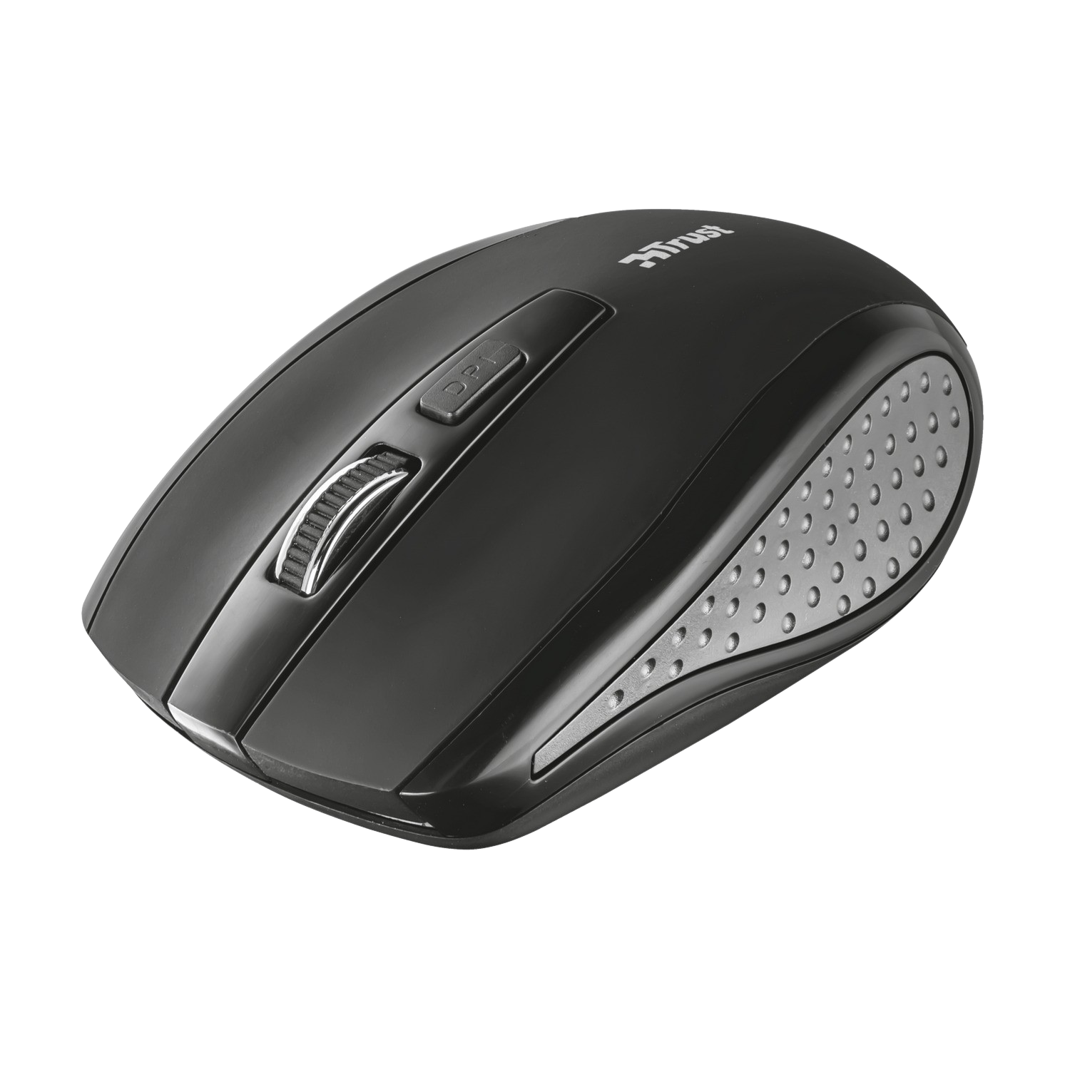 Zwarte draadloze computermuis met scrollwiel en DPI-knop.