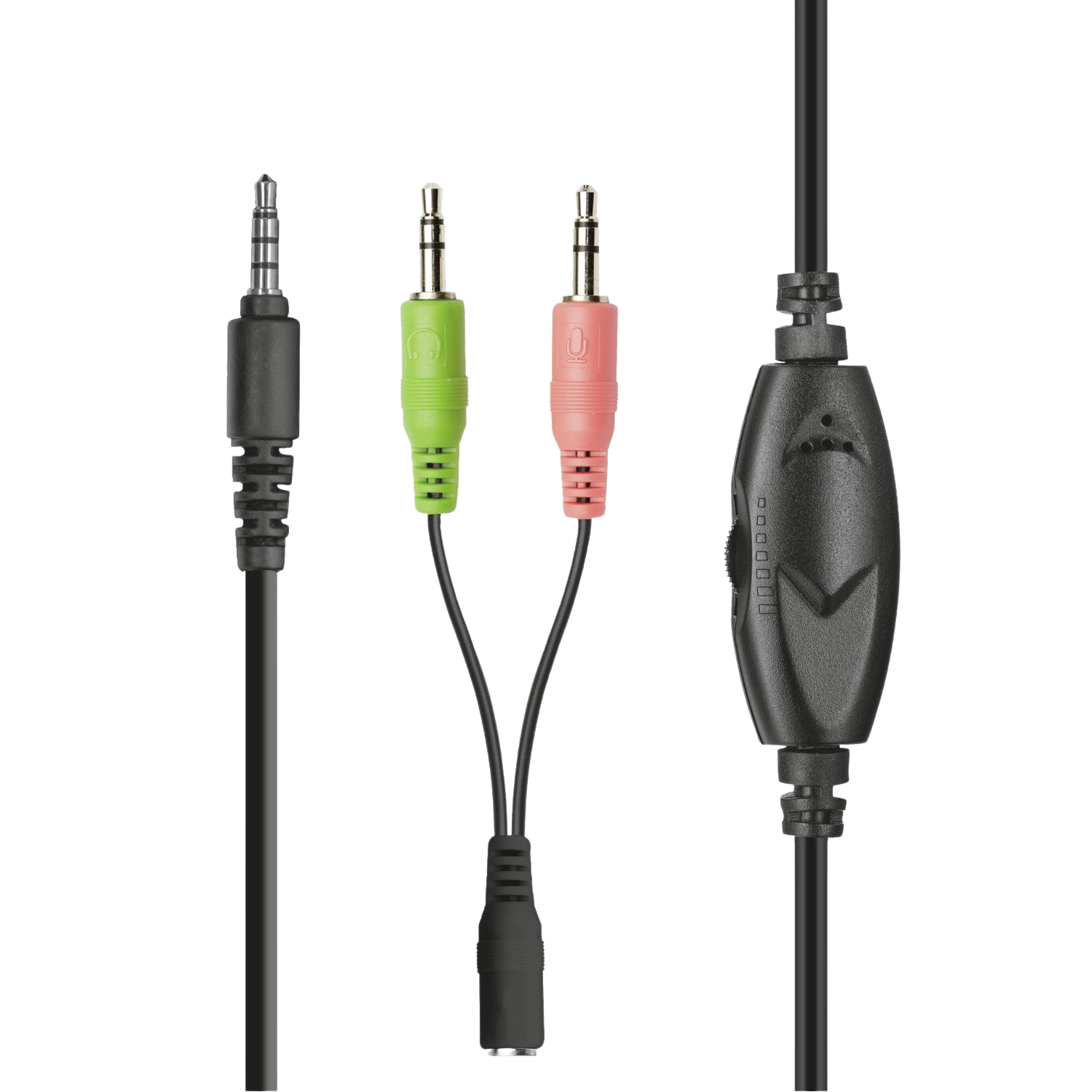 Drie zwarte audio-aansluitingen en een controller verbonden met een zwarte kabel.