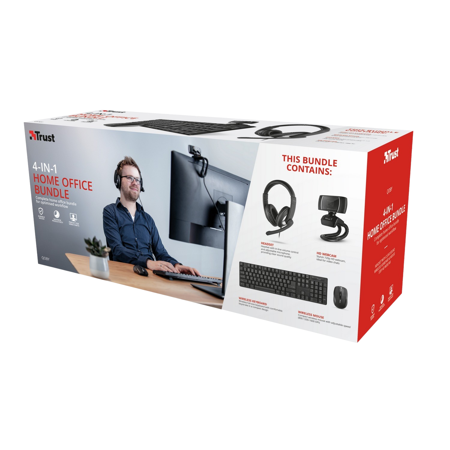 Doos met een 4-in-1 thuiskantoor-bundel, inclusief toetsenbord, webcam en headset.
