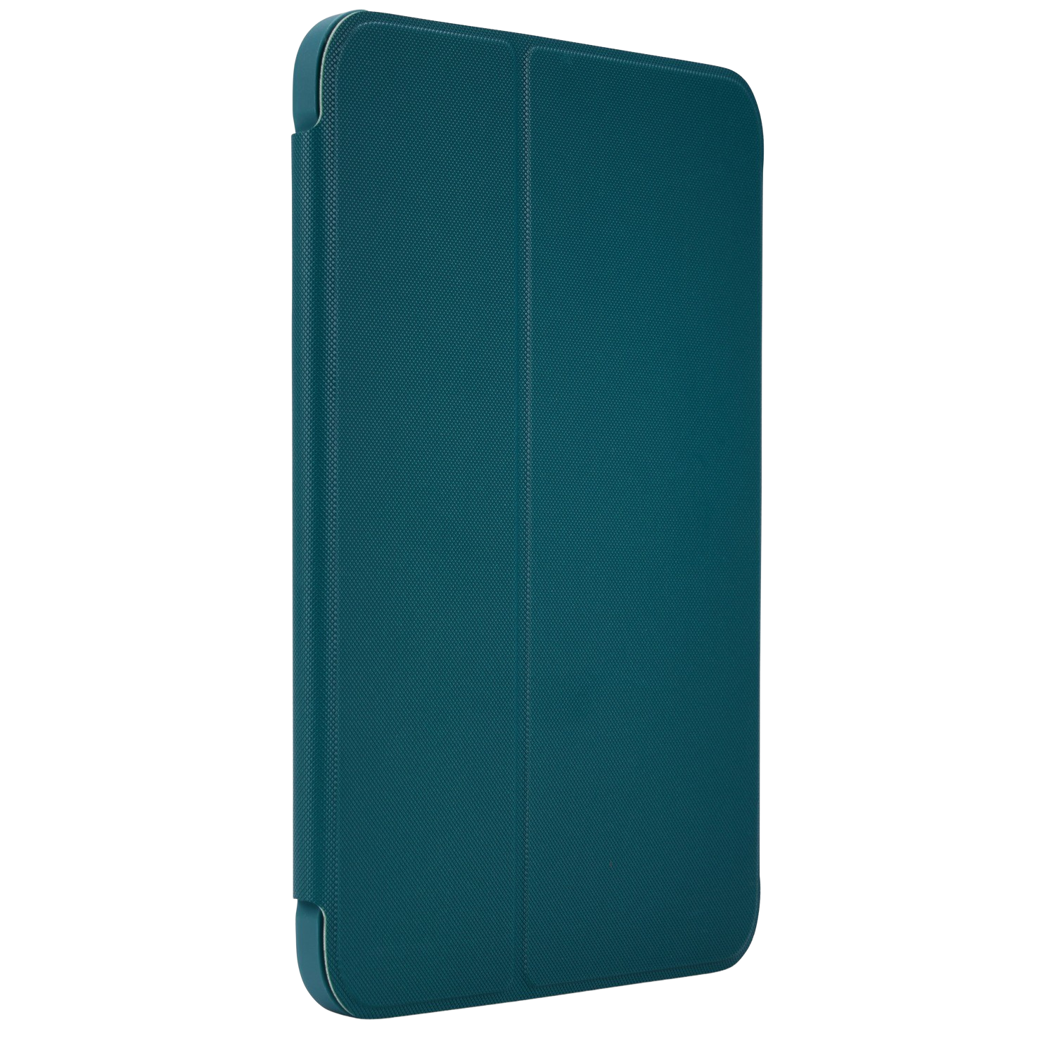 Teal tablet case, closed. Has a textured surface.
