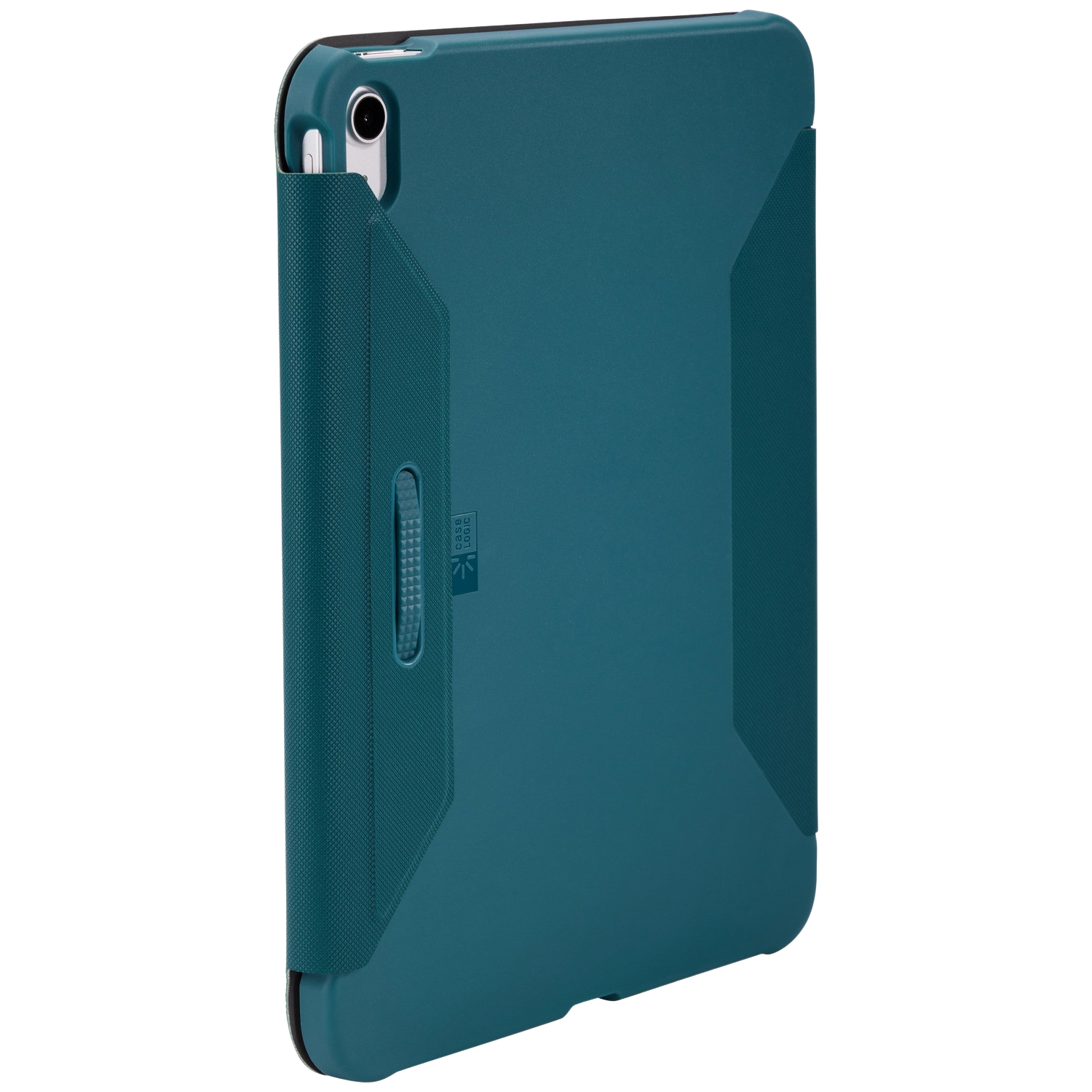A teal colored tablet case in a dark setting.