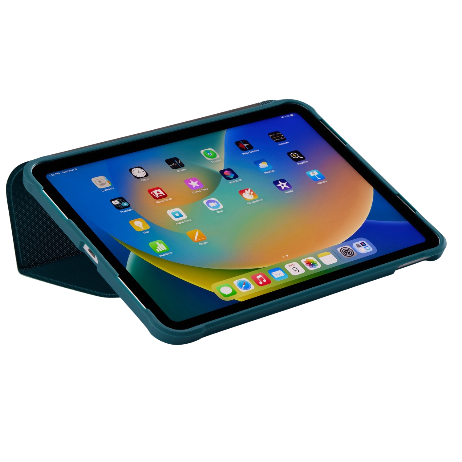 Teal tablet with cover, showing apps, elevated angle, black background.