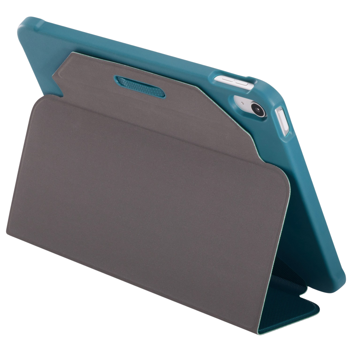 Teal tablet in a gray cover. The cover acts as a stand. The back is angled.