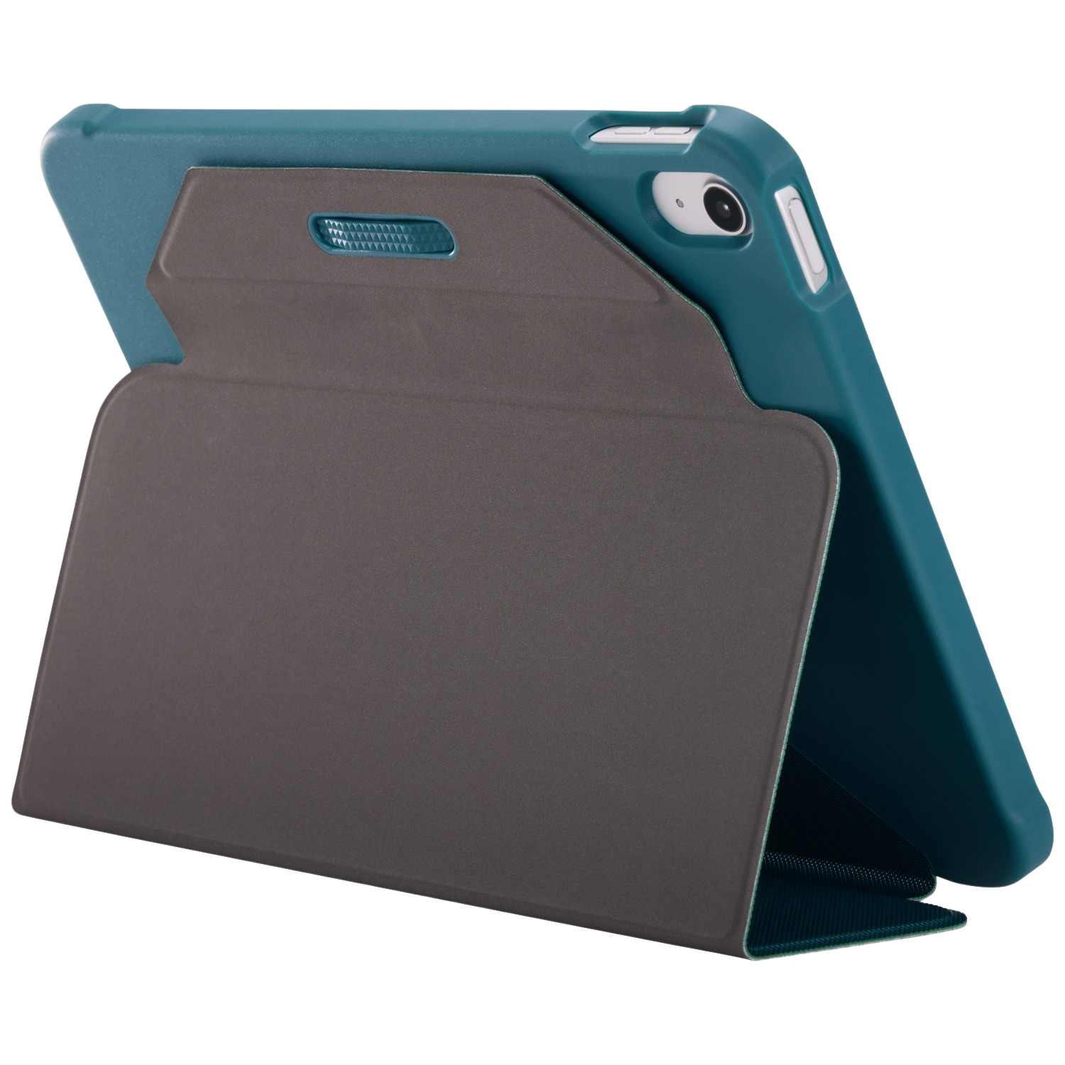 A blue tablet is in a grey case, propped up at an angle.